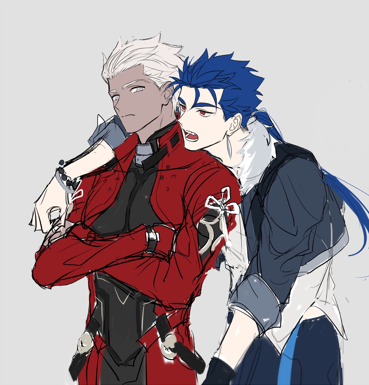 2boys, archer_(fate), archer_(honkai:_star_rail)_(fate), arm_over_shoulder, blue_hair, cu_chulainn_(honkai:_star_rail)_(fate), dark-skinned_male, dark_skin