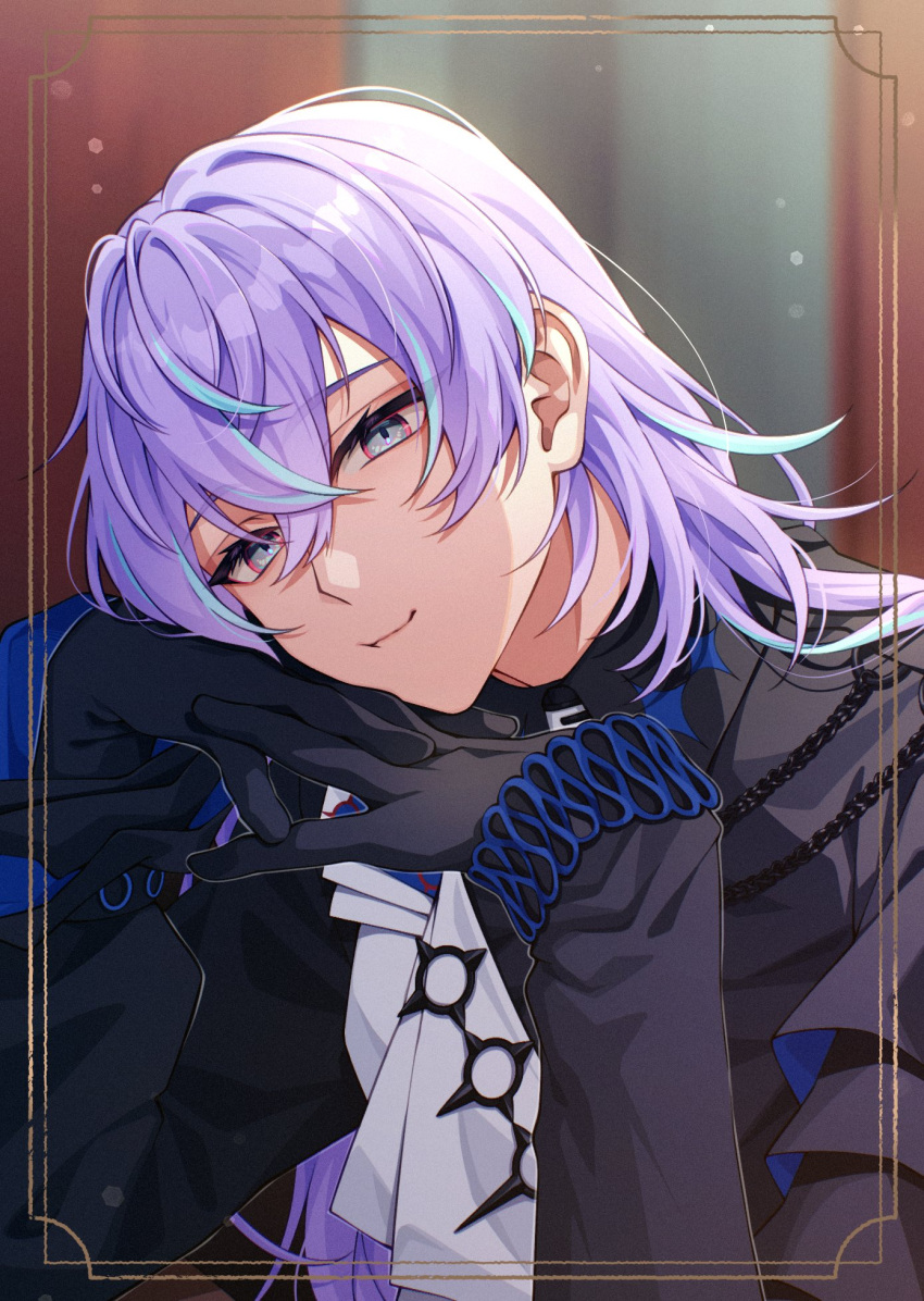 1boy, black_gloves, black_shirt, blue_hair, closed_mouth, gloves, grey_eyes, hair_between_eyes, highres, hoshirube_sho, long_hair, long_sleeves, looking_at_viewer, male_focus, nijisanji, pochimaru_(marumaru_wanwan), purple_hair, shirt, smile, solo, virtual_youtuber