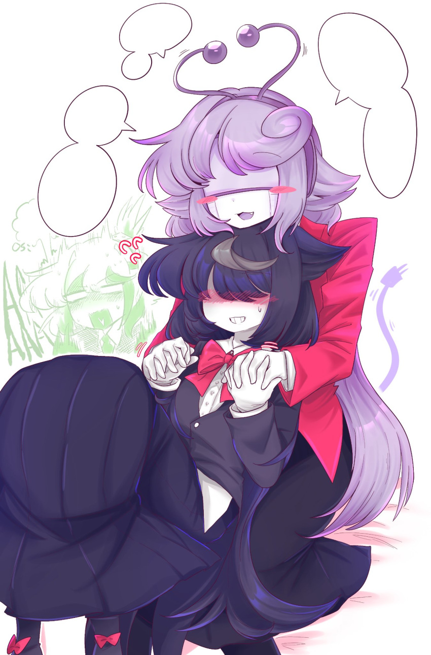 3girls, :3, android, ant_tenna, black_hair, black_jacket, black_skirt, blank_eyes