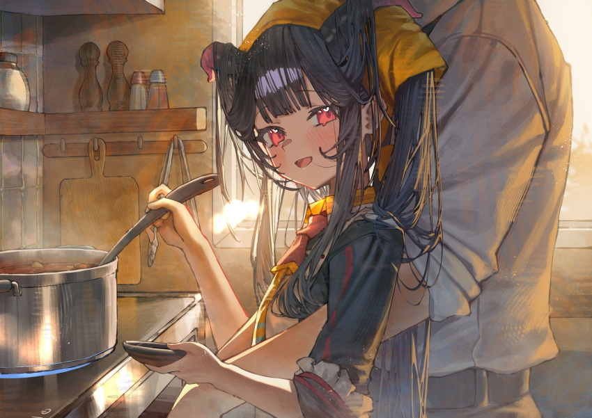 1boy, 1girl, betabeet, black_hair, blue_archive, blush, center-flap_bangs, cooking