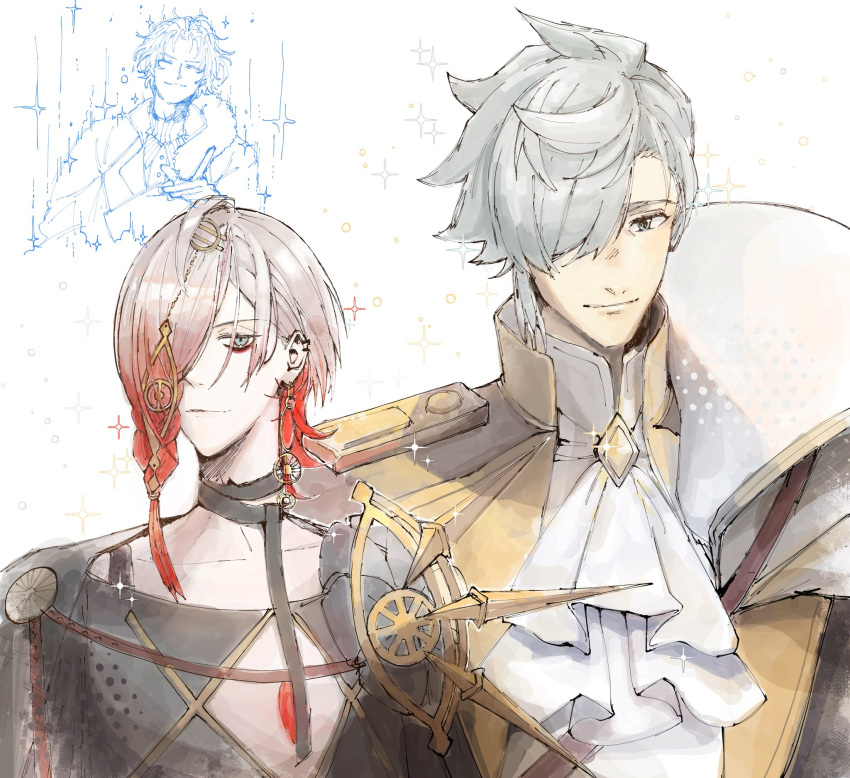 3boys, ascot, bartholomew_roberts_(fate), blue_eyes, chest_jewel, closed_eyes, drakeposting_(meme), earrings