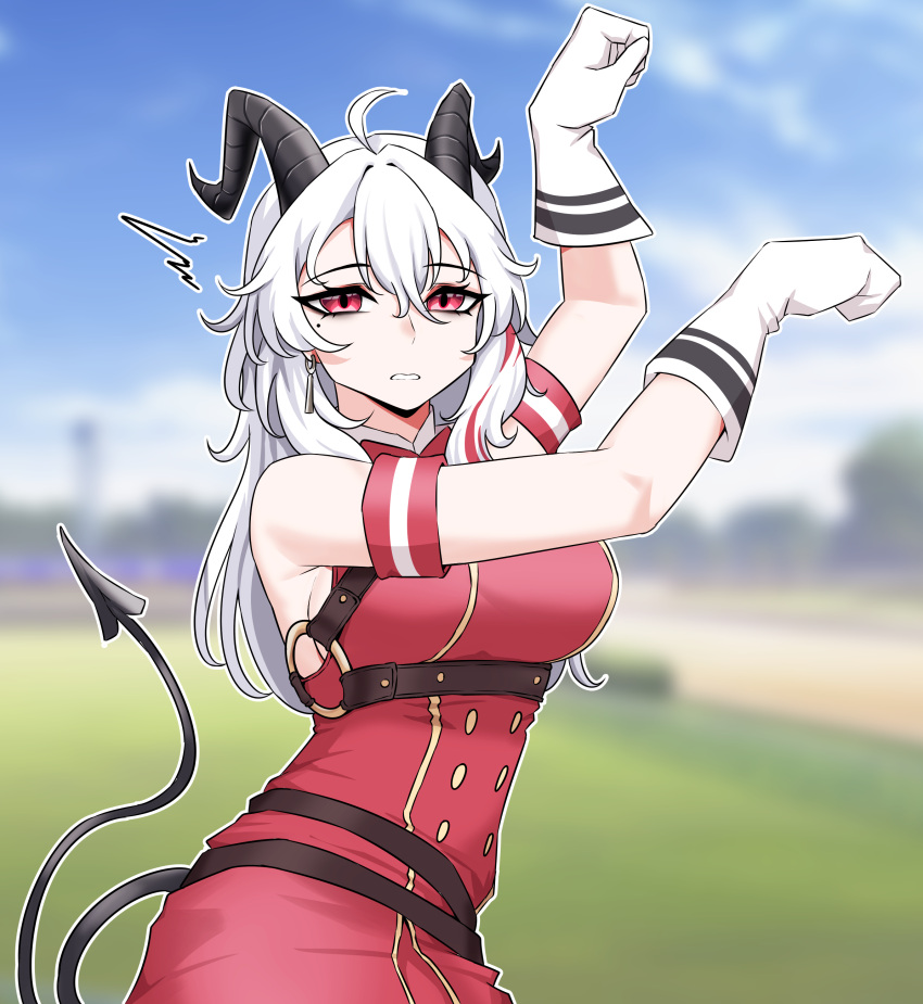 1girl, absurdres, ahoge, arm_up, armband, bare_shoulders, black_horns, black_tail, blue_sky, blurry, blurry_background, breasts, buttons, commentary, cosplay, curled_horns, day, demon_tail, double-breasted, dress, earrings, english_commentary, gloves, gold_ship_(umamusume), gold_ship_(umamusume)_(cosplay), hair_between_eyes, hand_up, highres, horns, horse_pose, jewelry, key_earrings, large_breasts, long_hair, looking_at_viewer, mole, mole_under_eye, multicolored_hair, nachtflugel, outdoors, parted_lips, red_dress, red_eyes, sky, solo, streaked_hair, tail, ueda_hitomi, umamusume, voice_actor, white_gloves, white_hair, wuthering_waves, zani_(wuthering_waves)