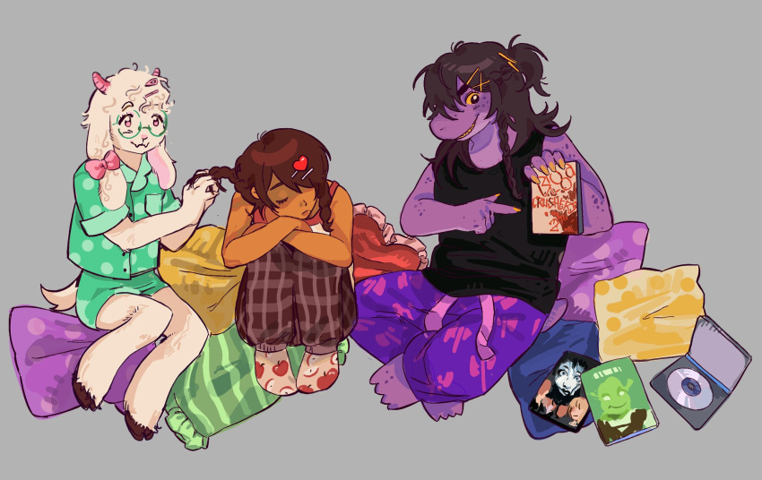 1boy, 1girl, 1other, animal_ears, arms_on_knees, black_eyes, black_shirt, bow, braid, braiding_another's_hair, braiding_hair, brown_hair, brown_pants, claws, closed_eyes, colored_sclera, colored_skin, colored_teeth, commentary, curly_hair, dark_skin, deltarune, dvd_case, english_commentary, fang, furry, furry_female, furry_male, gingham, gingham_pants, goat_boy, goat_ears, goat_horns, goat_tail, green-framed_eyewear, green_pajamas, green_shirt, green_shorts, grey_background, hair_ornament, hair_over_one_eye, hairclip, hairdressing, head_on_knee, heart, heart-shaped_pillow, heart_hair_ornament, highres, hooves, horns, knees_up, kris_(deltarune), leaning_forward, looking_to_the_side, medium_hair, mole, mole_under_mouth, no_shoes, one_eye_covered, pajamas, pants, patterned_clothing, pillow, pink_bow, pink_eyes, pink_horns, pointing, ponytail, purple_pants, purple_skin, ralsei, reptile_girl, sharp_teeth, shirt, shorts, shoulder_strap, simple_background, single_braid, sitting, sitting_on_pillow, skin_fang, sleepover, smile, socks, susie_(deltarune), susujenii, teeth, thick_eyebrows, white_fur, yellow_nails, yellow_sclera, yellow_teeth