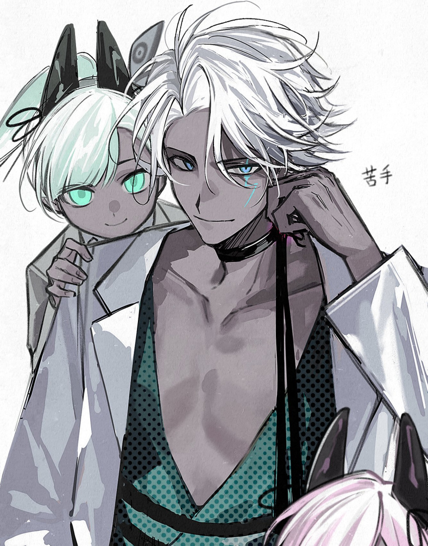 1girl, 2boys, blue_eyes, boy_vajra_(fate), choker, colored_skin, dark-skinned_male, dark_skin