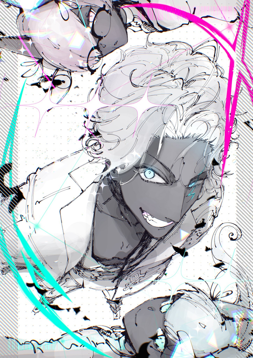 1girl, 2boys, blue_eyes, boy_vajra_(fate), colored_skin, dark-skinned_male, dark_skin, earrings