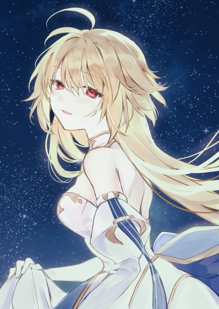 1girl, antenna_hair, archetype_earth, arcueid_brunestud, bare_shoulders, blonde_hair, breasts, detached_sleeves