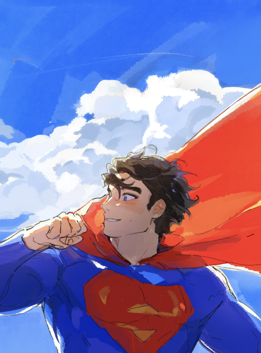 1boy, absurdres, arm_up, bhedoods, blue_bodysuit, blue_eyes, blue_sky, bodysuit
