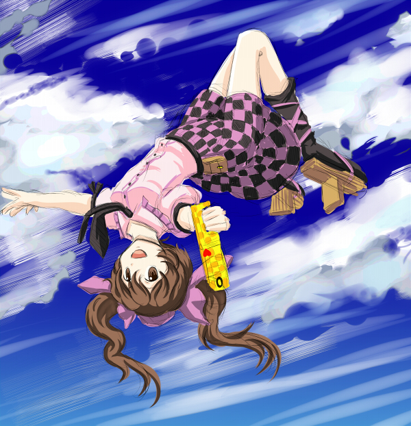 bad_id, black_legwear, bow, brown_eyes, brown_hair, cellphone, checkered, checkered_skirt