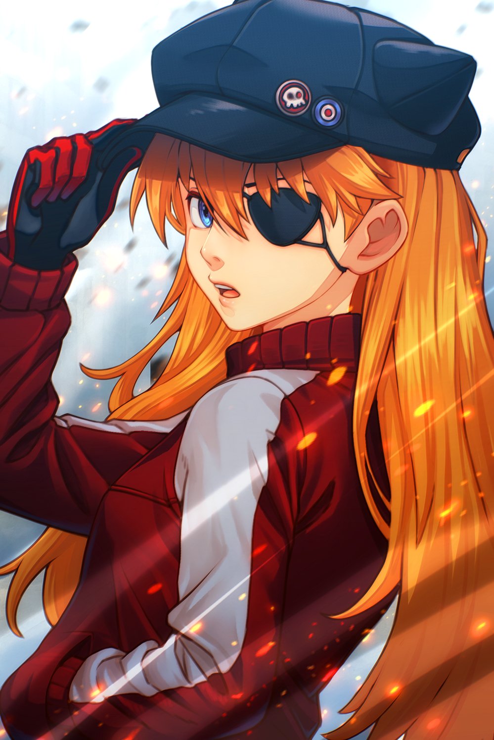 1girl, adjusting_clothes, adjusting_headwear, black_gloves, black_hat, blue_eyes, commentary, eyepatch, gloves, hand_in_pocket, hat, highres, jacket, long_hair, looking_at_viewer, looking_back, neon_genesis_evangelion, newsboy_cap, open_mouth, orange_hair, red_jacket, skaggshood, solo, souryuu_asuka_langley, teeth, upper_body, upper_teeth_only