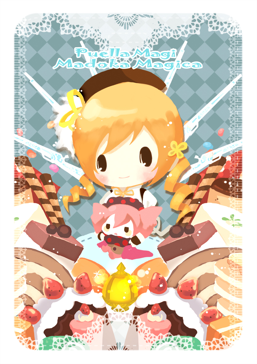 bow, cake, charlotte_(madoka), charlotte_(madoka_magica), drill_hair, food, fruit, hair_bow, hat, mahou_shoujo_madoka_magica, puffy_sleeves, strawberry, tomoe_mami