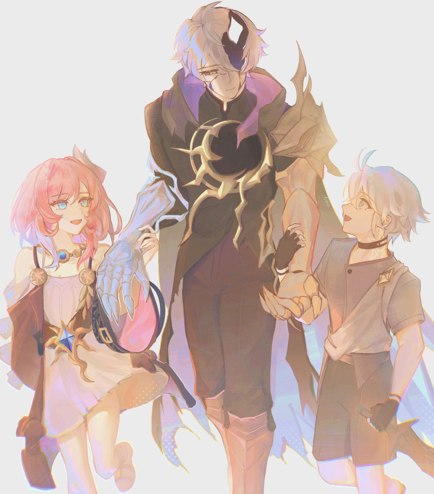 1girl, 2boys, aged_down, ahoge, armored_gloves, bare_shoulders, birdsofpasssage, black_hood