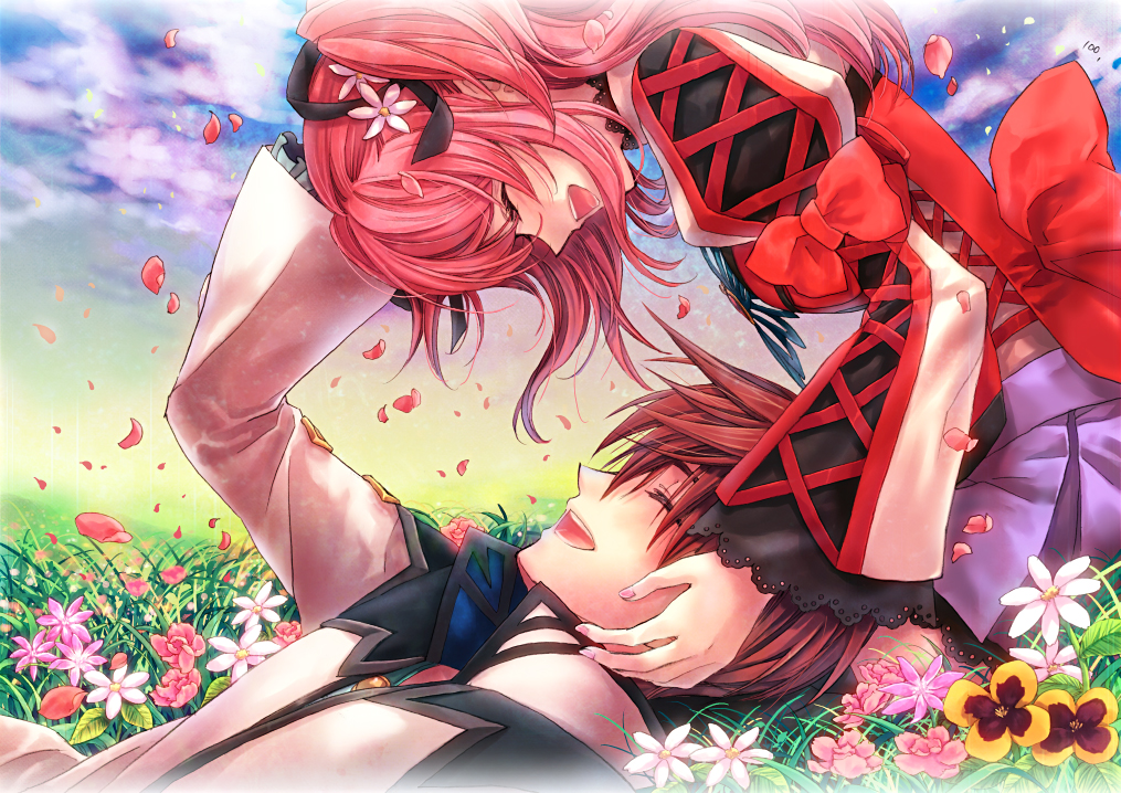 1girl, asbel_lhant, bad_id, bow, brown_hair, cheria_barnes, closed_eyes, cloud, clouds, couple, eyes_closed, flower, grass, hair_flower, hair_ornament, hair_ribbon, hand_on_head, happy, long_hair, lying, momo_(gomenne), petals, pink_hair, profile, red_hair, ribbon, skirt, tales_of_(series), tales_of_graces