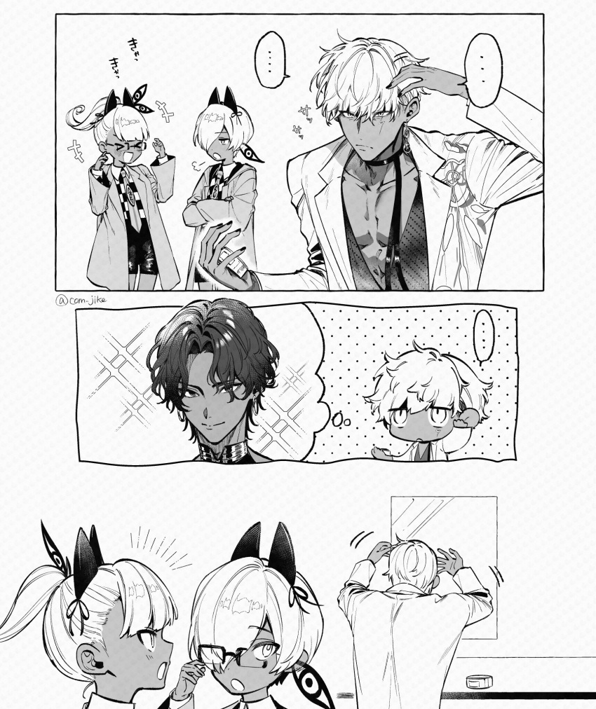 ..., 1girl, 3boys, adjusting_eyewear, adjusting_hair, arjuna_(fate), arjuna_(fgo_fes._2025)_(fate), boy_vajra_(fate)