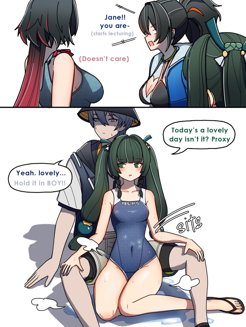 1boy, 3girls, absurdres, animal_ears, barefoot, blue_one-piece_swimsuit, dorahdew, hetero
