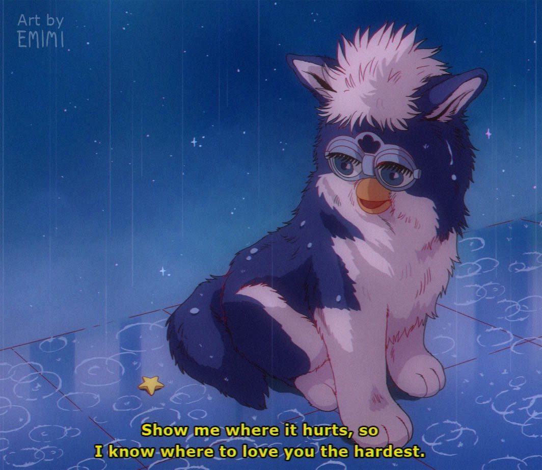 1990s_(style), animal, animal_focus, beak, blue_eyes, blue_fur, blue_tail, creature