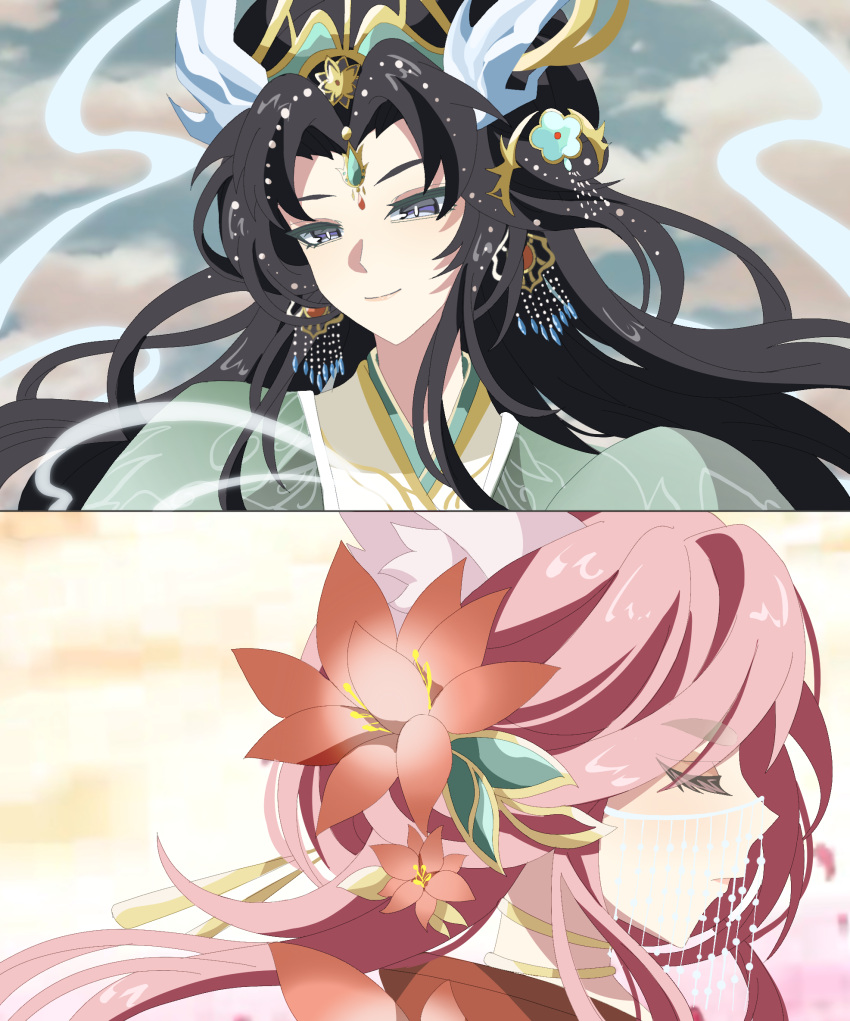 2girls, animal_ear_fluff, animal_ears, anime_coloring, black_hair, bright_pupils, chinese_clothes, closed_mouth