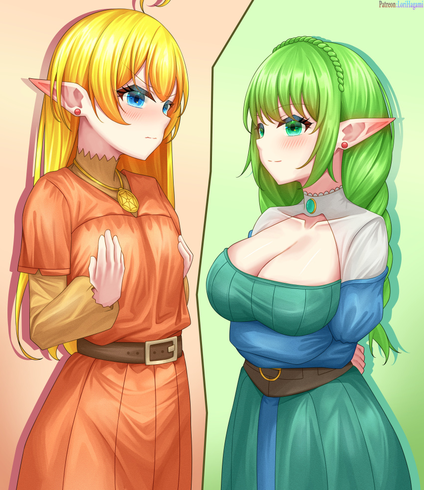 2girls, absurdres, ahoge, belt, blonde_hair, blue_dress, blue_eyes, blush, braid, breast_conscious, breast_envy, breasts, brown_belt, cleavage, cleavage_cutout, closed_mouth, clothing_cutout, commission, commissioner_upload, dress, ear_piercing, earrings, elf, euphemy_sylvaine, flat_chest, gem, gold_jewelry, green_dress, green_eyes, green_gemstone, green_hair, highres, jewelry, large_breasts, long_hair, long_sleeves, looking_at_another, lori_hagami, lotte_farona, multiple_girls, necklace, official_art, orange_dress, pendant, piercing, pointy_ears, red_gemstone, small_breasts, smile, ways_of_darkness_(series), white_sleeves