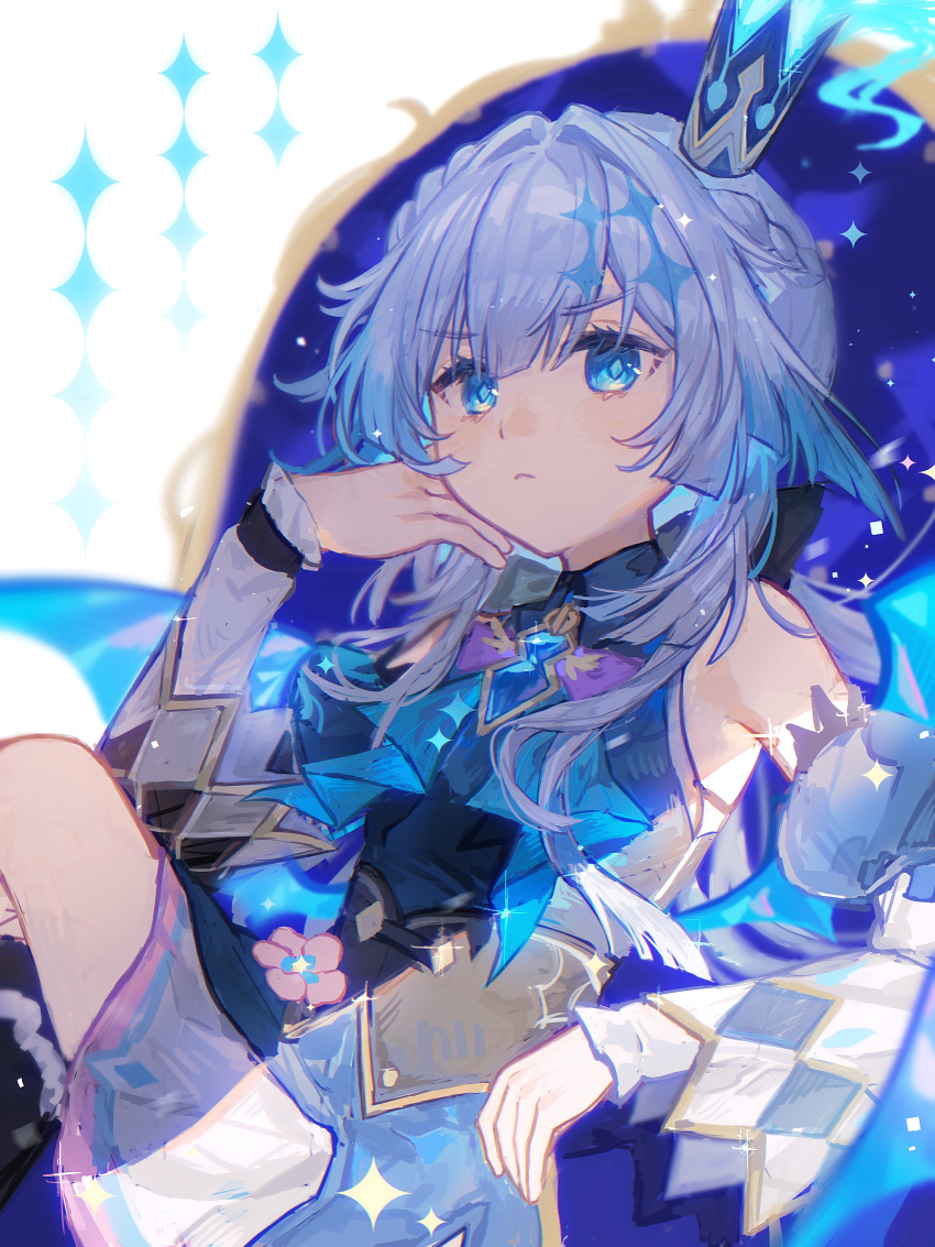 1girl, absurdres, bare_shoulders, blue_dress, blue_eyes, blue_gemstone, blue_hair, brooch