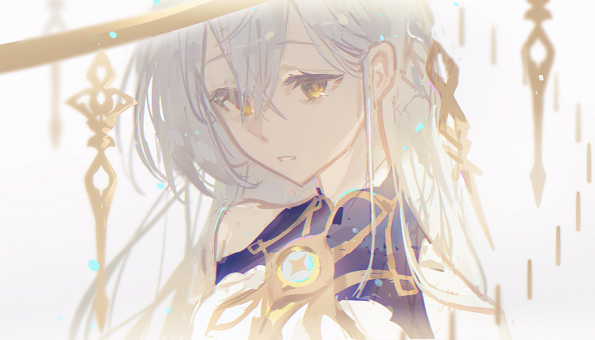 1girl, absurdres, bare_shoulders, dididi_laonian_ka, genshin_impact, grey_hair, hair_behind_ear, hair_between_eyes, halo, highres, istaroth_(genshin_impact), long_hair, looking_at_viewer, parted_lips, solo, upper_body, white_background, yellow_eyes