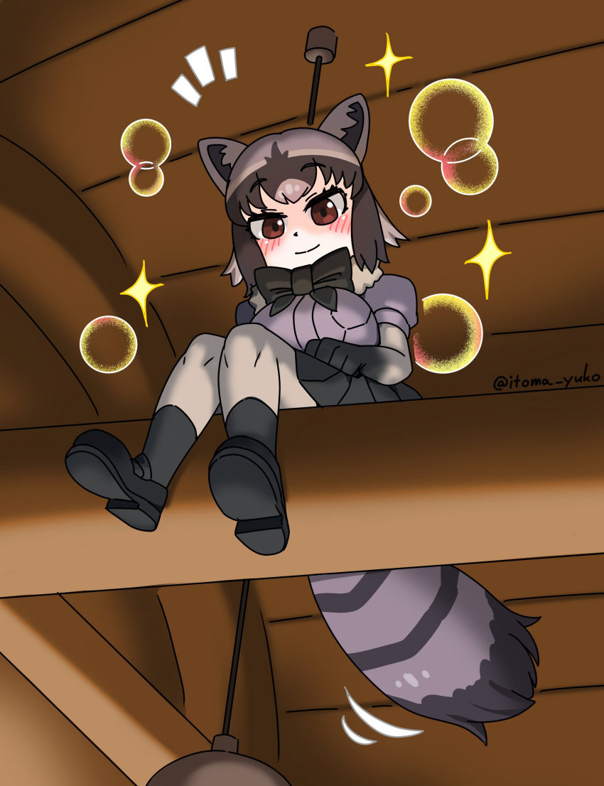 1girl, absurdres, animal_ears, black_bow, black_bowtie, black_hair, black_shoes, black_skirt, black_socks, blue_sweater, blush, bow, bowtie, brown_eyes, bubble, common_raccoon_(kemono_friends), from_below, fur_collar, grey_hair, grey_pantyhose, hair_between_eyes, highres, itoma_yuko, kemono_friends, kemono_friends_3, loafers, looking_at_viewer, looking_down, multicolored_hair, pantyhose, pleated_skirt, puffy_short_sleeves, puffy_sleeves, raccoon_ears, raccoon_girl, raccoon_tail, shoes, short_hair, short_sleeves, sidelocks, sitting, sitting_on_log, skirt, smile, socks, solo, sparkle, sweater, tail, white_fur