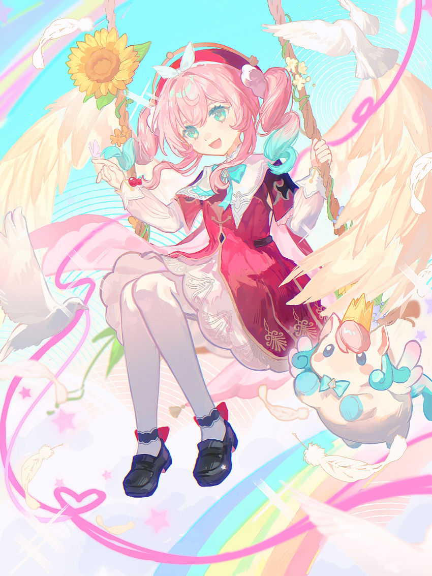 1girl, :d, absurdres, aqua_bow, aqua_bowtie, aqua_eyes, aqua_hair, bird