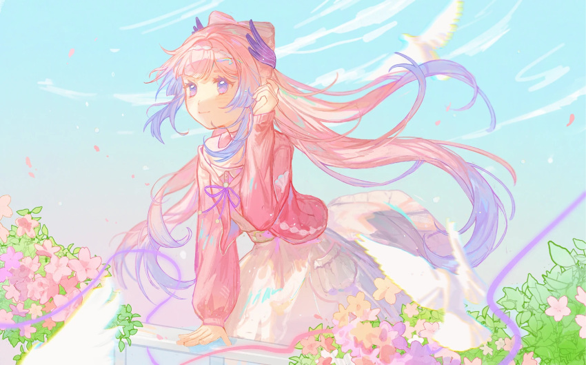 1girl, adjusting_hair, against_railing, bird, blue_hair, blue_sky, bow-shaped_hair, closed_mouth