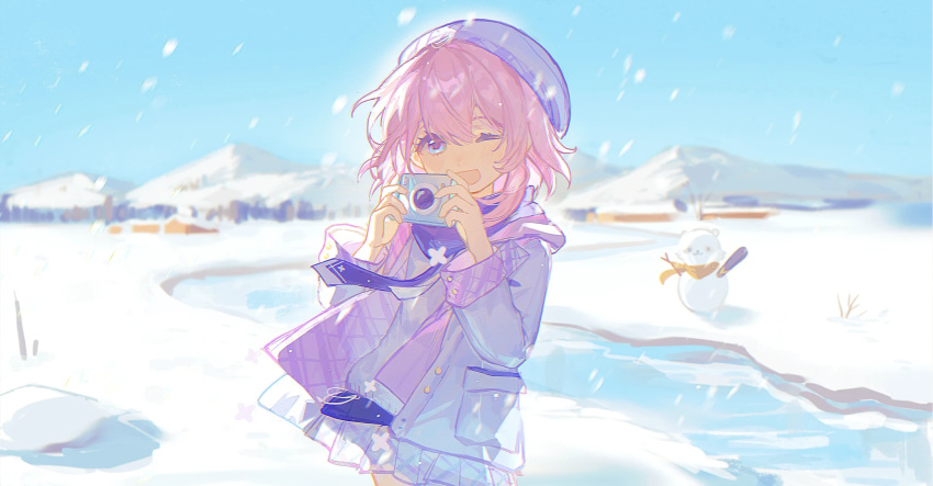 1girl, beret, blue_eyes, blue_hat, blue_jacket, blue_sky, camera, cowboy_shot