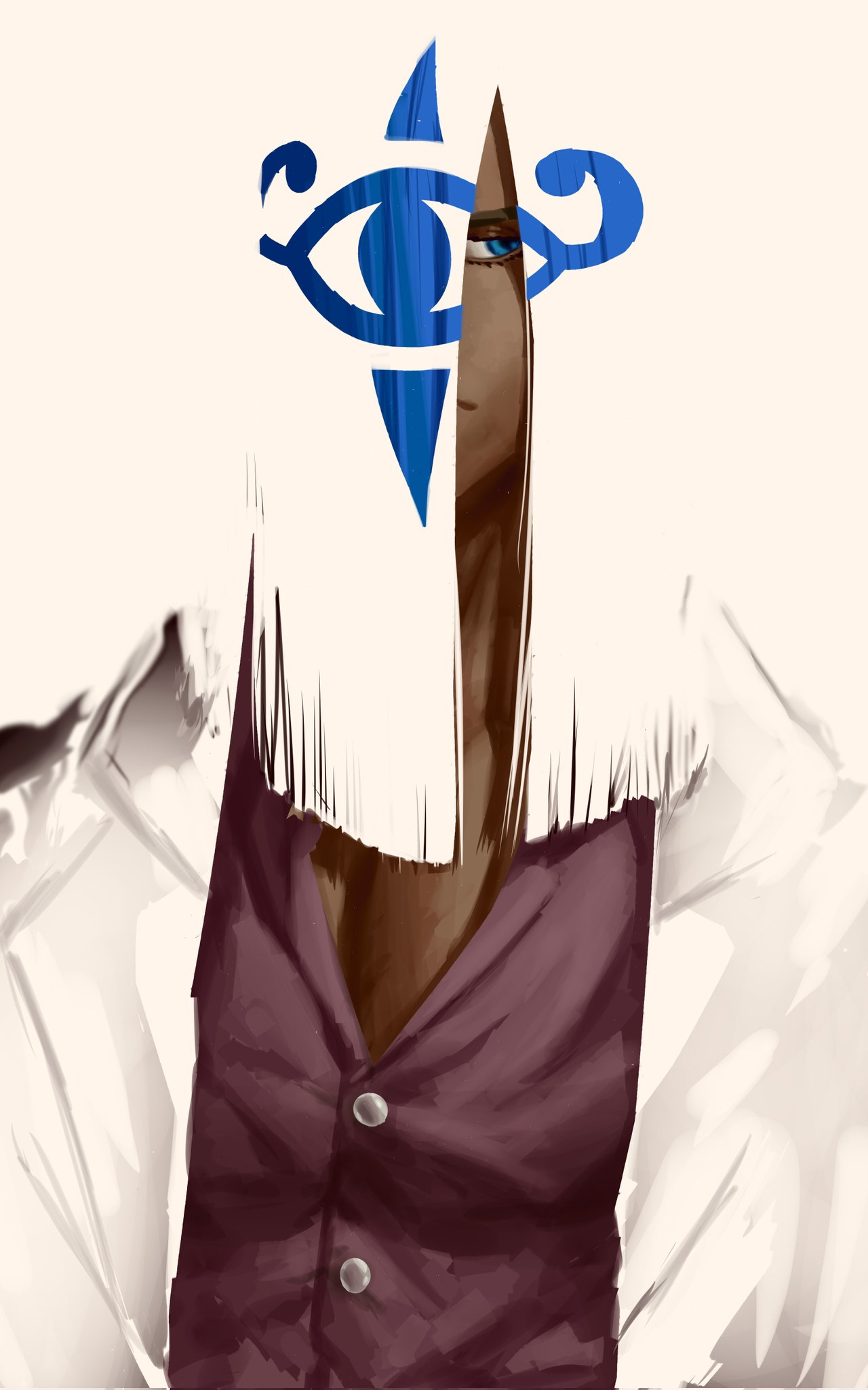 1boy, blue_eyes, blunt_ends, closed_mouth, collared_shirt, dark-skinned_male, dark_skin, ezium_art, guilty_gear, guilty_gear_strive, hair_over_one_eye, highres, jacket, lapels, long_hair, looking_to_the_side, male_focus, one_eye_covered, open_clothes, open_collar, open_jacket, patterned_hair, purple_shirt, shirt, sideways_glance, simple_background, solo, upper_body, venom_(guilty_gear), white_background, white_hair, white_jacket