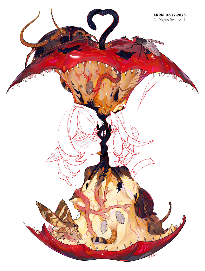 1boy, 1girl, absurdres, animal_ears, apple, artist_name, bitten_apple, black_scales