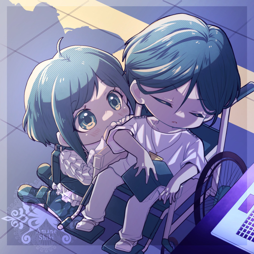 1boy, 1girl, ahoge, backpack, bag, blue_hair, book, border