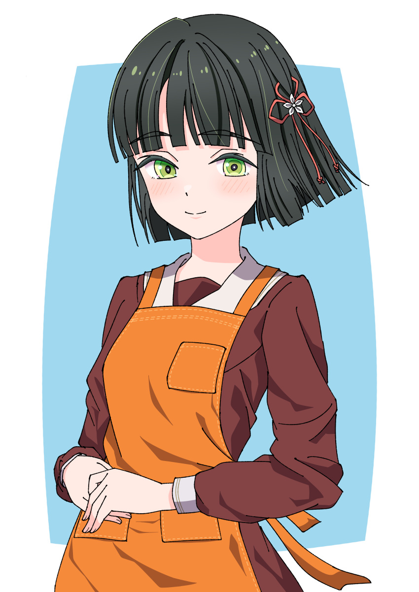 1girl, absurdres, apron, black_hair, blunt_bangs, blunt_ends, blush, bob_cut, breast_pocket, brown_dress, closed_mouth, commentary_request, dress, flower, flower_knot, gamers_(store), green_eyes, hair_flower, hair_ornament, hasu_no_sora_school_uniform, highres, kara_iroha, link!_like!_love_live!, long_sleeves, looking_at_viewer, love_live!, momose_ginko, orange_apron, pocket, sailor_collar, sailor_dress, school_uniform, short_hair, smile, solo, split_mouth, virtual_youtuber, white_flower, white_sailor_collar, winter_uniform