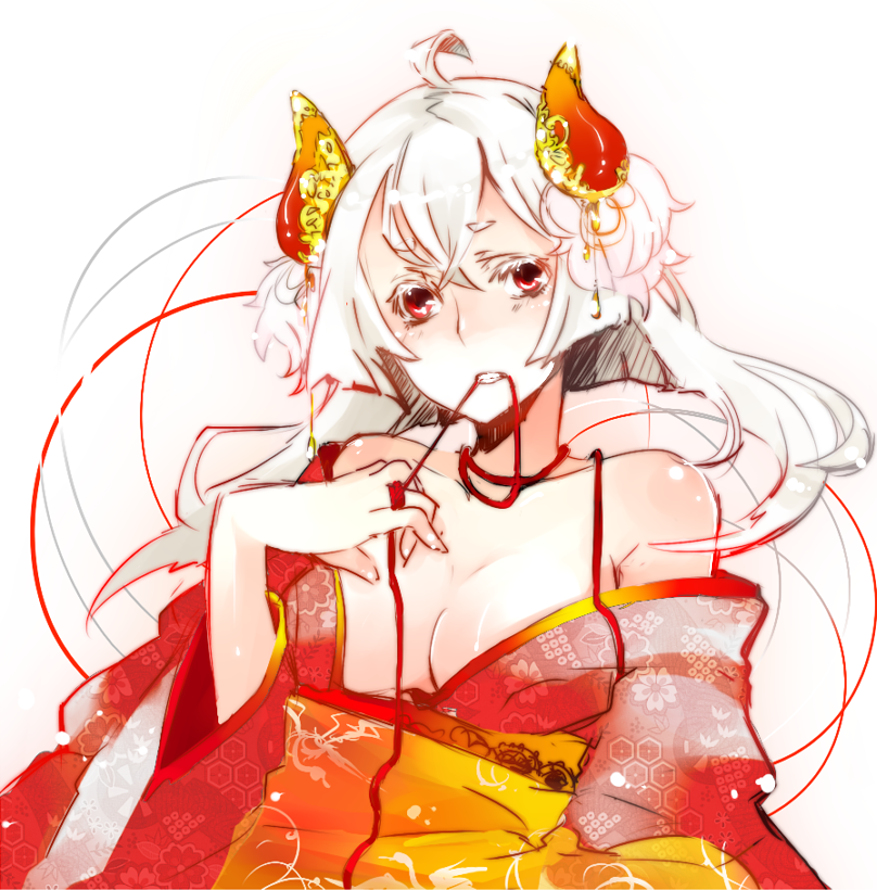 blush, breasts, cleavage, colored_eyelashes, eyelashes, hair_ornament, horns, japanese_clothes