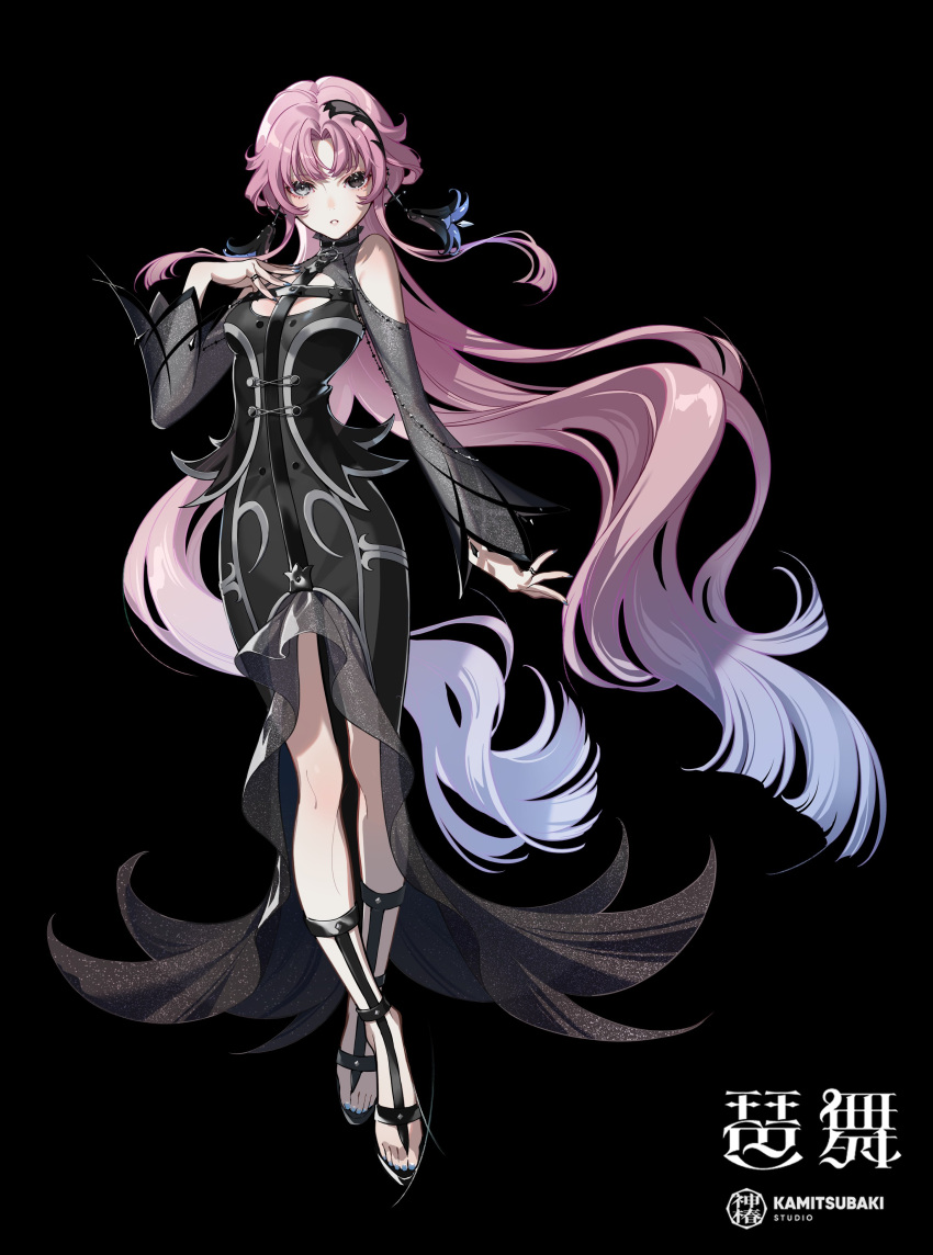 1girl, absurdres, bema_(sinsekai), bilingual_commentary, black_background, black_dress, blue_nails, commentary