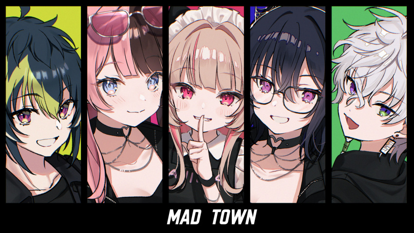 2boys, 3girls, black_hair, blonde_hair, blue_eyes, blush, brown_eyes, brown_hair, closed_mouth, clow, commentary_request, earrings, eyewear_on_head, glasses, green_eyes, green_hair, heterochromia, ichinose_uruha, inami_rai, jewelry, madtown_gta, maid_headdress, makaino_ririmu, multicolored_hair, multiple_boys, multiple_girls, murakumo_kagetsu, necklace, nijisanji, open_mouth, pink_hair, red_eyes, split-color_hair, streaked_hair, tachibana_hinano, two-tone_hair, violet_eyes, virtual_youtuber, vspo!, white_hair