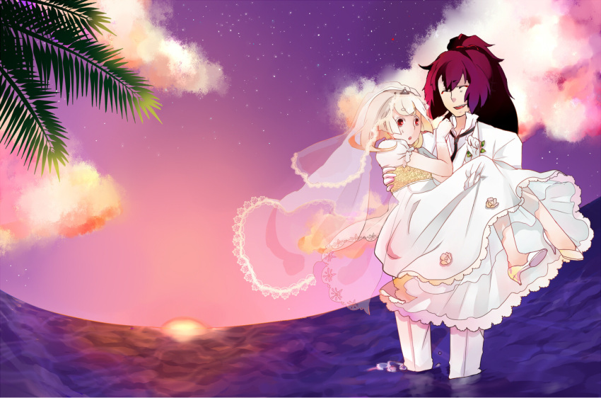 blush, bridal_veil, bride, carrying, closed_eyes, cloud, clouds, dress