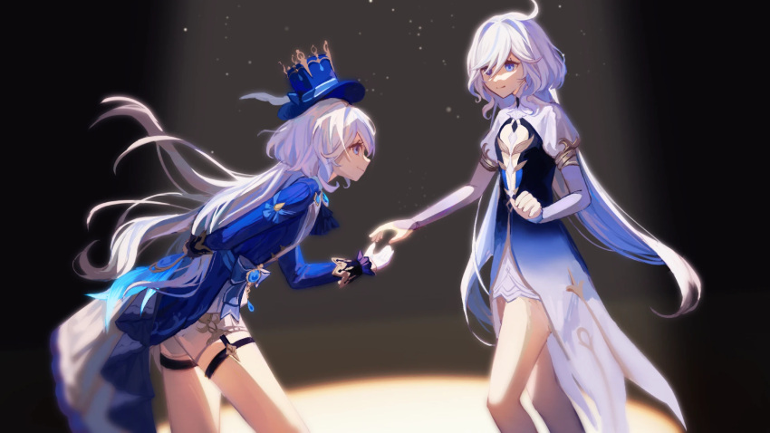 2girls, ahoge, black_background, blue_eyes, blue_hair, blue_hat, blue_jacket, closed_mouth
