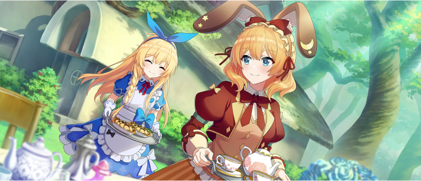2girls, alice_(alice_in_wonderland), alice_(alice_in_wonderland)_(cosplay), animal_ear_hairband, animal_ears, apron, blonde_hair, blue_dress