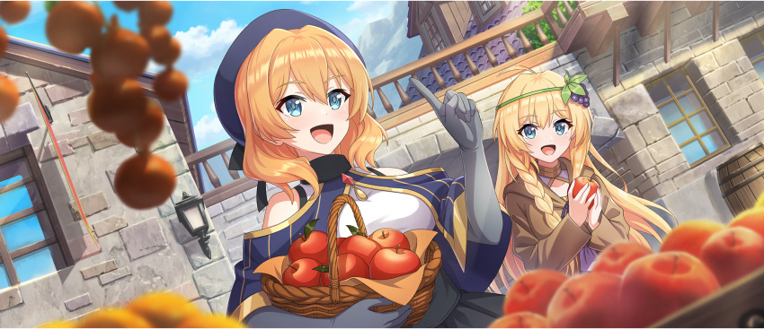2girls, :d, ahoge, apple, bare_shoulders, basket, beret, blonde_hair