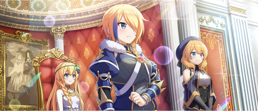 3girls, ahoge, beret, black_corset, blonde_hair, blue_capelet, blue_coat, blue_eyes