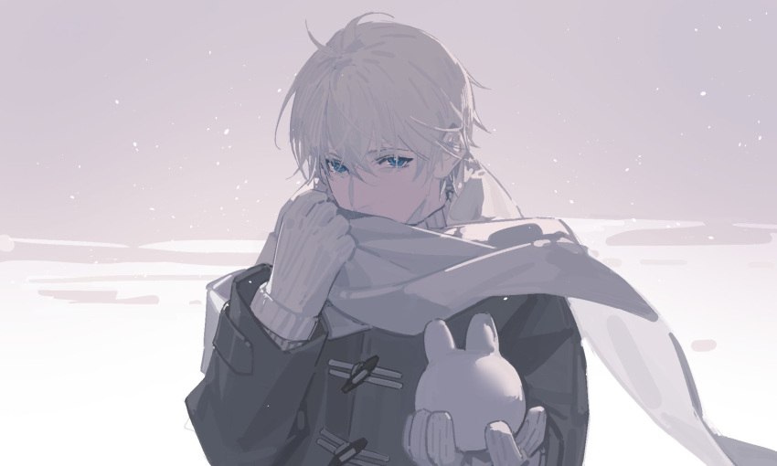 1boy, arms_up, blue_eyes, chinese_commentary, coat, commentary_request, covered_mouth, gloves, grey_coat, hair_behind_ear, hair_between_eyes, highres, holding, long_sleeves, looking_at_viewer, love_and_deepspace, male_focus, mmian0718, outdoors, outstretched_arm, scarf, short_hair, snow, snow_animal, snowing, solo, upper_body, white_gloves, white_hair, white_scarf, white_theme, winter_clothes, xavier_(love_and_deepspace)