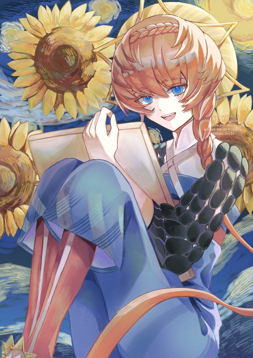 1girl, artist_name, belt, blue_eyes, blue_pants, blush, boots, braid