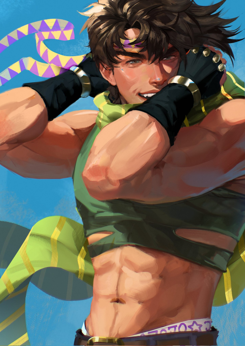 1boy, abs, arms_up, battle_tendency, belt, belt_buckle, black_belt, black_gloves