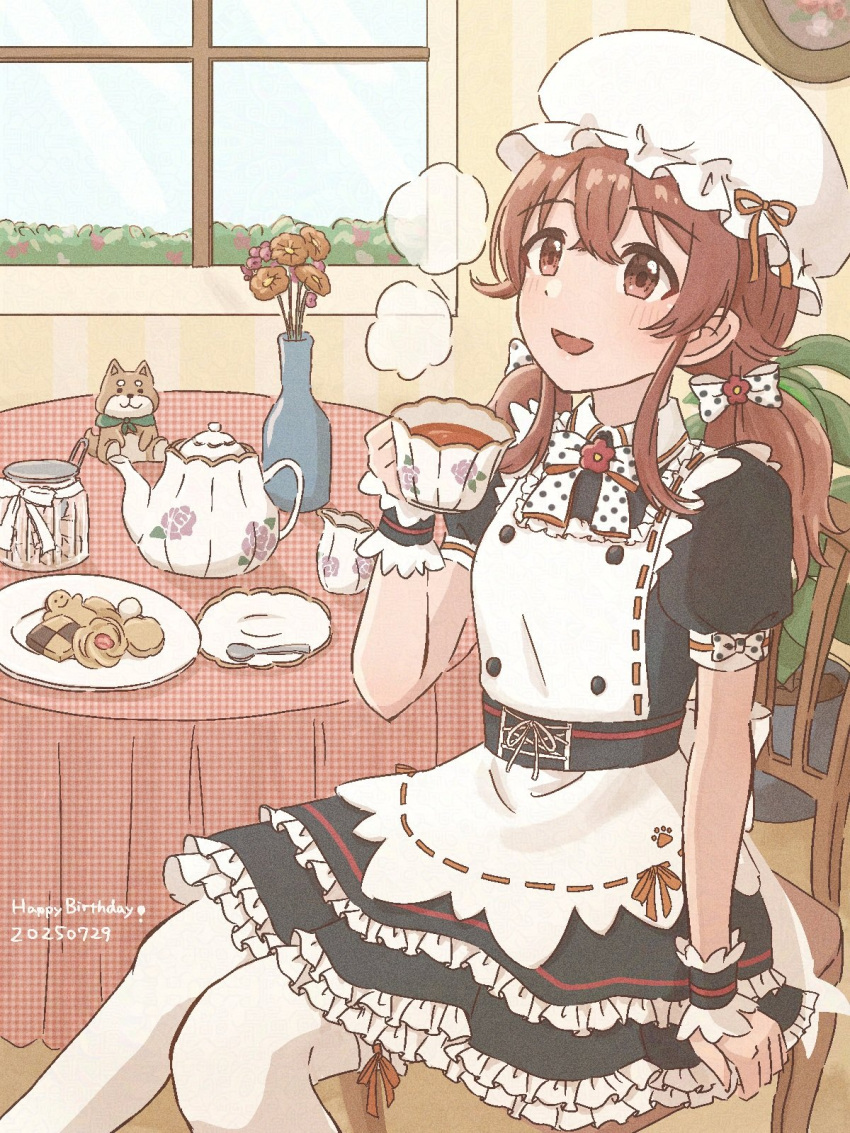1girl, apron, black_dress, blush, bow, bowtie, brown_eyes, brown_hair