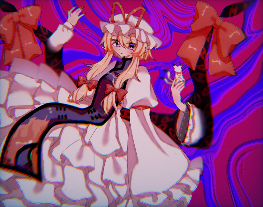 abstract_background, blonde_hair, chen, closed_mouth, dress, frills, gap_(touhou), hair_between_eyes