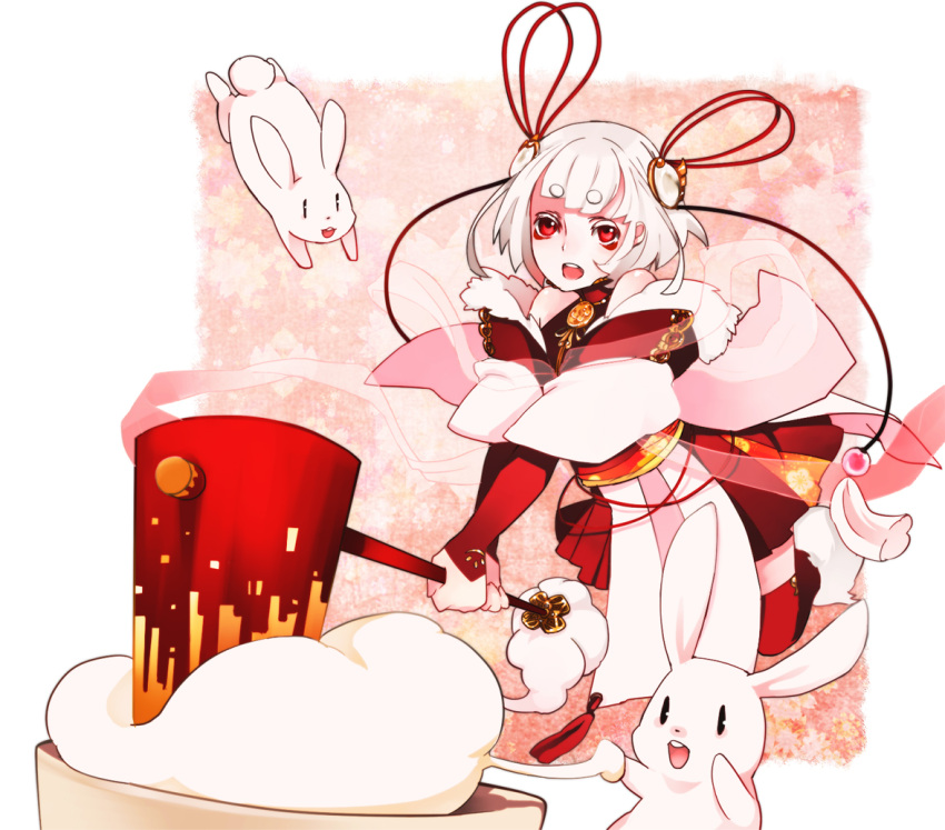 bunny, face_tattoo, facial_tattoo, food, hair_ornament, japanese_clothes, mallet, mochi