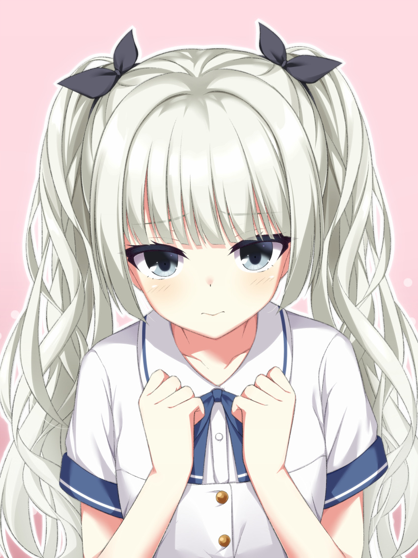 1girl, 3:, asagi_nanami, blue_ribbon, blunt_bangs, blush, buttons, clenched_hands
