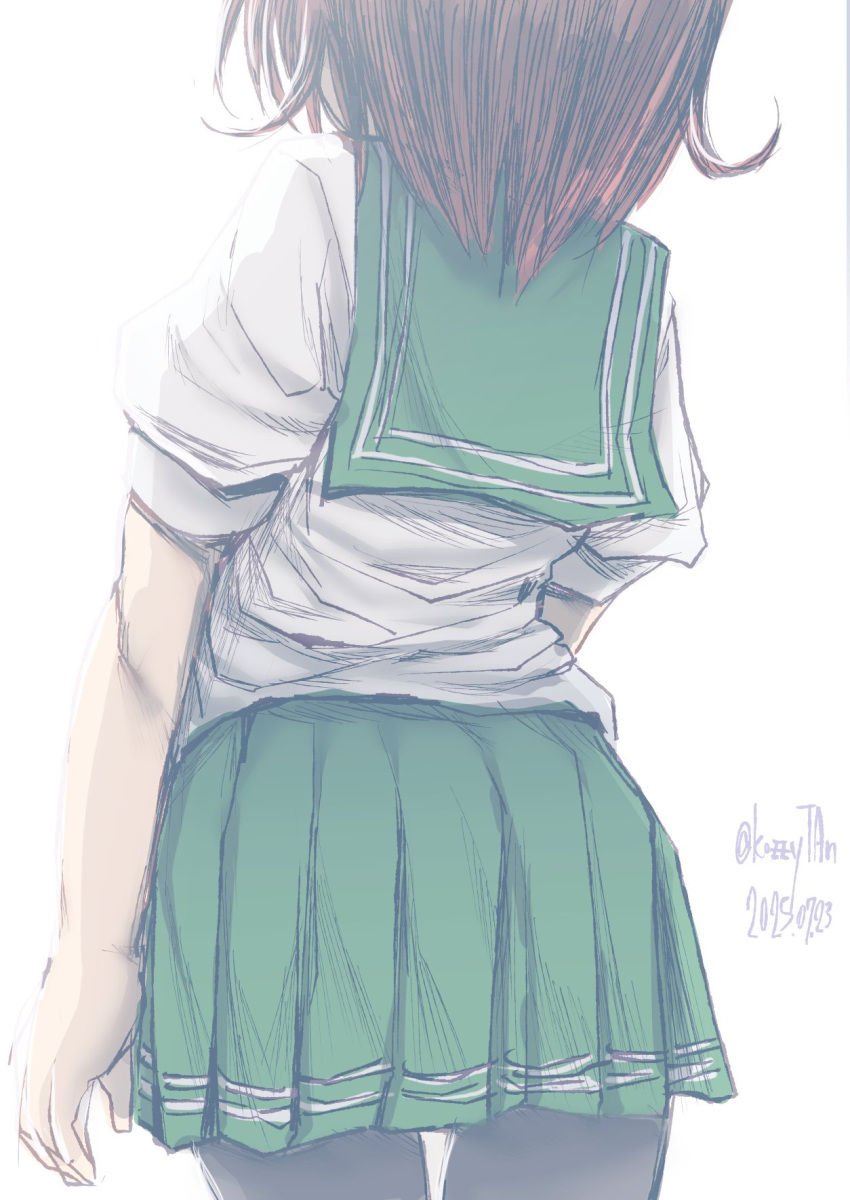 1girl, ass, back, black_pantyhose, blush, brown_hair, dated, gradient_hair
