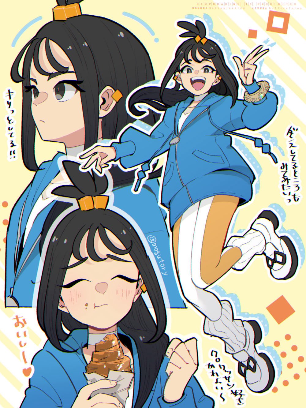 1girl, blue_hoodie, bracelet, bread, choker, croissant, cube_hair_ornament, earrings