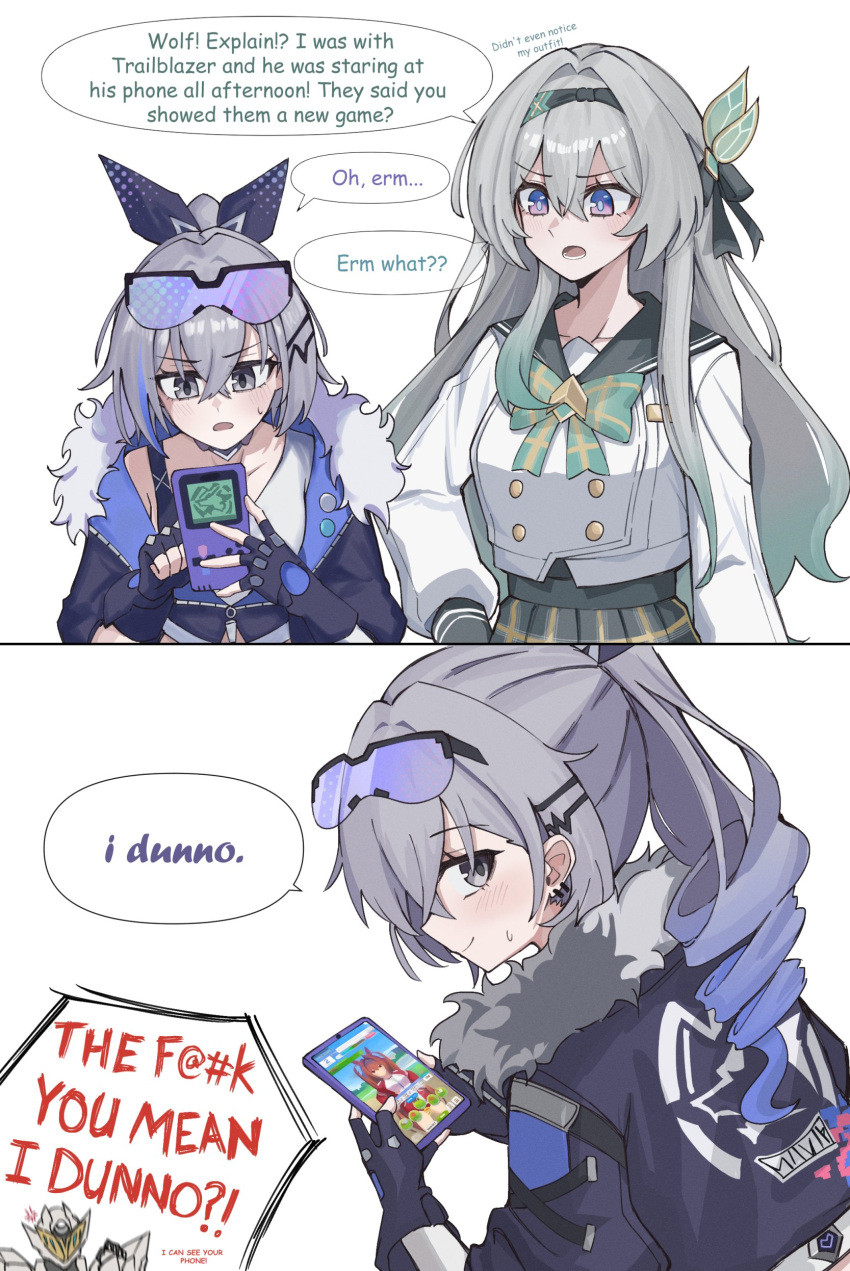 3girls, absurdres, black_gloves, black_hairband, black_ribbon, blue_pupils, blush, bow