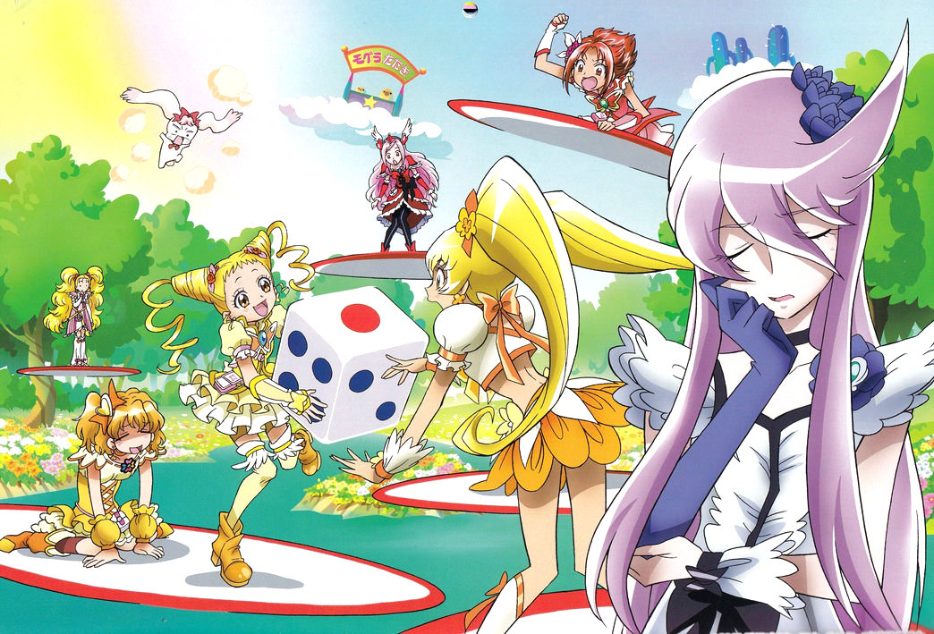 cure_lemonade, cure_moonlight, cure_passion, cure_pine, cure_rouge, cure_sunshine, dice, dress, fresh_precure!, futari_wa_precure, futari_wa_precure_max_heart, heartcatch_precure!, higashi_setsuna, kasugano_urara, kujou_hikari, magical_girl, milk_(precure_5), multiple_girls, myoudouin_itsuki, natsuki_rin, official_art, orange_dress, pantyhose, precure, red_dress, shiny_luminous, single_elbow_glove, single_glove, thighhighs, tsukikage_yuri, yamabuki_inori, yellow_dress, yes!_precure_5